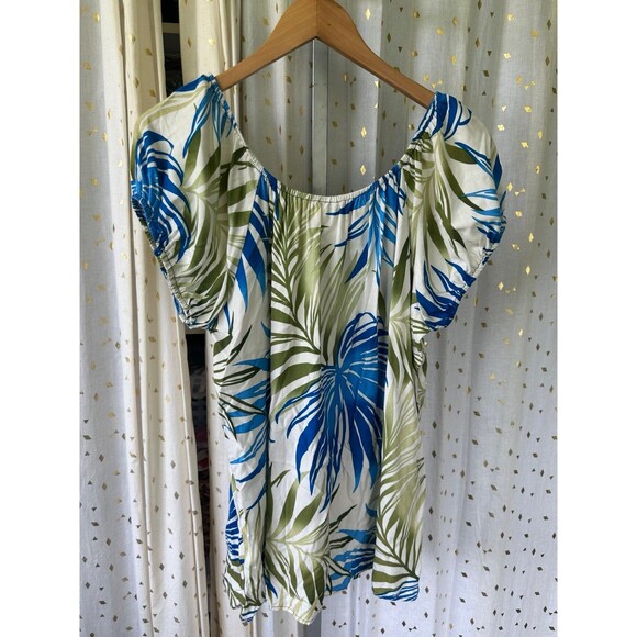 One Papaya Hawaiian Floral Tropical Leaves On Off Shoulder Ruffle Peasant Top XL - Picture 3 of 4
